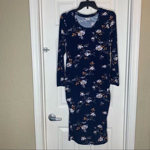 Time And Tru Women's Navy Blue Floral Print Semi-Fitted Maternity Dress Size M - Picture 7 of 12